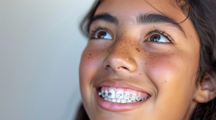 Canvas Print - A young girl with a radiant smile showing off her braces looking up with joy and anticipation.