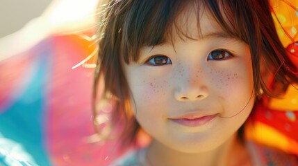 Sticker - Young girl with freckles smiling with colorful kite in background bright sunlight soft focus.