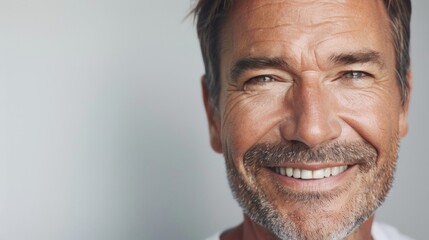 Wall Mural - Smiling man with gray beard and mustache showing wrinkles and crow's feet against a white background.