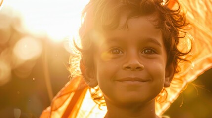 Wall Mural - A young child with a radiant smile looking directly into the camera set against a bright sunlit background.