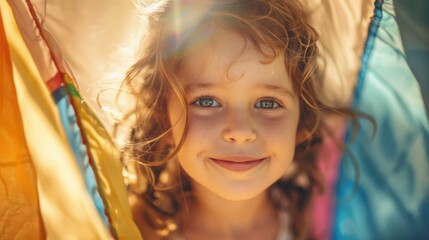 A young girl with curly hair smiling brightly looking through a colorful fabric with sunlight streaming through.