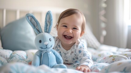 Wall Mural - A joyful baby wearing blue pajamas with a matching blue stuffed bunny on a bed with blue and white bedding smiling brightly.