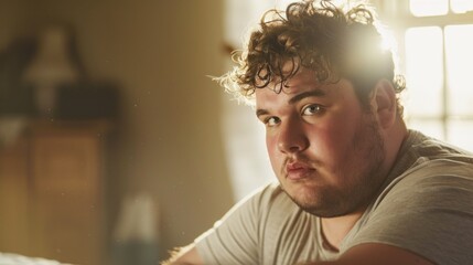 Wall Mural - A man with curly hair wearing a gray shirt sitting in a room with a lamp and a window looking slightly to the side with a thoughtful expression.