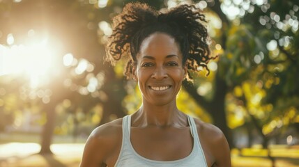 Wall Mural - Smiling woman with curly hair wearing a white tank top standing in a park with sunlight filtering through the trees.