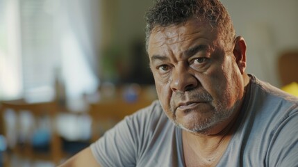 Wall Mural - Middle-aged man with a serious expression sitting in a room with a blurred background wearing a gray t-shirt and looking directly at the camera.