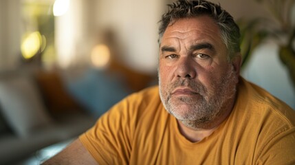 Wall Mural - A man with a beard and mustache wearing a yellow shirt sitting in a room with a blurred background looking thoughtful.