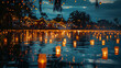 The serene river is aglow with numerous floating lanterns under a twilight sky, creating a magical atmosphere