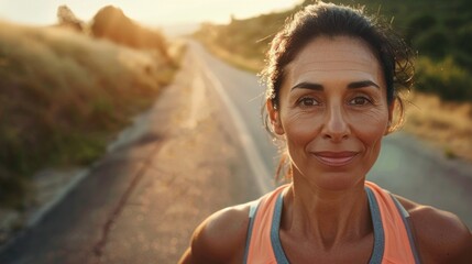 Poster - A woman with a radiant smile standing on a road with a blurred background suggesting a sense of adventure or a moment of pause during a journey.