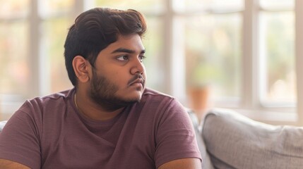 Wall Mural - Young man with beard sitting on couch looking away from camera in room with large windows.