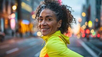 Poster - Woman with curly hair wearing a bright yellow jacket smiling at the camera standing on a city street at night with blurred lights in the background.