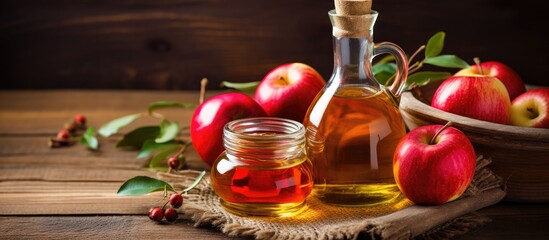 Wall Mural - A liquid bottle of apple cider vinegar sits among fresh apples on a rustic wooden table, perfect for culinary use as an ingredient or refreshing drink