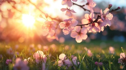 Poster - Pink flowers bloom vibrantly amidst the lush green grass, creating a picturesque and soothing scene