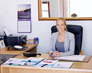 Wall Mural - Business woman, desk and portrait in a office with staff administrator and contract work at company. Startup, happy and smile from a professional with paperwork and entrepreneur career at job