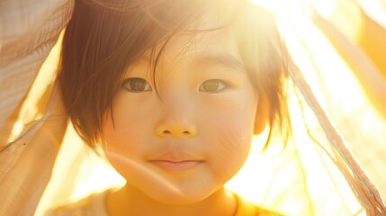 Wall Mural - A young child with dark hair looking directly at the camera with a gentle expression set against a bright sunlit background with a soft focus.