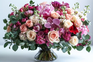Poster - A vibrant array of flowers in various hues and shapes fill a vase, creating a colorful and lively display