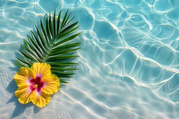 Poster - A vibrant yellow flower delicately rests on the calm surface of a clear blue pool, reflecting the bright sun above
