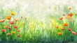Bright painting of flowers growing in green grassy field created with aquarelle paints as abstract background