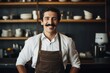 Smiling Italian barista with mustache behind bar counter