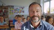 Male Teacher in Class with Learning Students on Background. Education, Classroom, Teacher, Children, Child, Study, Learn, Man, Academic, Academy, Portrait, Lifestyle
