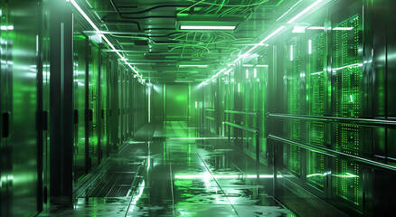 Wall Mural - Green data storage servers. AI Generated