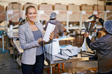 Poster - Woman, portrait and warehouse production or packaging coffee beans logistics for supply chain, shipping or distribution. Female person, face and factory worker for parcel export, storage or facility