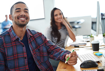 Leinwandbilder - Business people, planning and teamwork in workspace by computer for creative project or copywriting career. Portrait of a young man and woman with collaboration and happy at a online startup company
