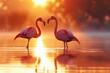 Flamingos in Love at Sunset on a Golden Lake
