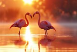 Fototapeta  - Flamingos in Love at Sunset on a Golden Lake