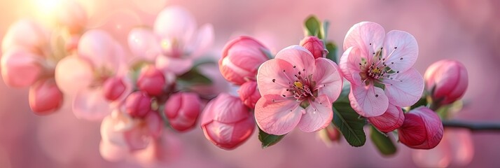 Poster - A close-up view of delicate pink flowers blossoming on a branch, capturing the beauty and grace of nature in full bloom