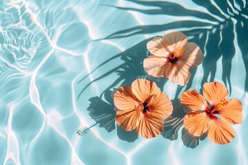 Wall Mural - Three vibrant orange flowers gently float on the calm surface of a clear pool of water, creating a serene and mesmerizing scene