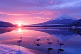 Fototapeta  - Sunrise Over Mount Fuji with Flamingos in Foreground