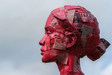Poster - A vibrant red sculpture of a person stands with a newspaper delicately perched on its head, creating a whimsical and thought-provoking scene