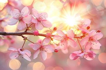 Poster - Delicate pink flowers bloom on a tree branch, creating a stunning contrast against the sky