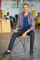 Poster - Tablet, chair and portrait of happy businessman for online research, website news and internet. Professional, startup office and person on digital tech for networking, typing email and communication