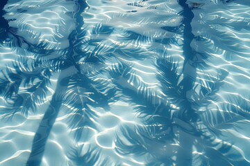 Poster - The graceful silhouette of a palm trees leaves is reflected on the serene surface of the water, creating a mesmerizing dance of light and shadow