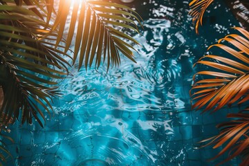 Aufkleber - A crystal-clear pool sits surrounded by lush palm trees, their fronds swaying gently in the breeze as the water reflects the vibrant greenery