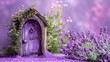 A whimsical fairy door surrounded by purple flowers and a dreamy violet backdrop, suggesting magical world.