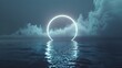 The calm sea is surrounded by a glowing neon ring and white cloud. This is a 3D render of an abstract landscape.