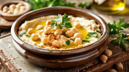 Wall Mural - A bowl of creamy hummus topped with chickpeas, olive oil, and spices on a wooden table ingredients around.