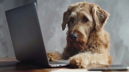 A brown dog sits in front of a laptop computer and has one paw on the keyboard. The dog is looking at the screen with a curious expression. The background is a blurred grey wall.