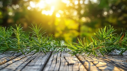 Wall Mural - A vibrant plant stands tall on a rustic wooden table, its intricate leaves reaching towards the sunlight, creating a harmonious display of natures beauty