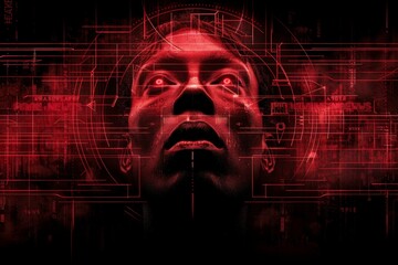 Poster - A face is captured in a close-up shot against a vibrant red background, exuding confidence and elegance