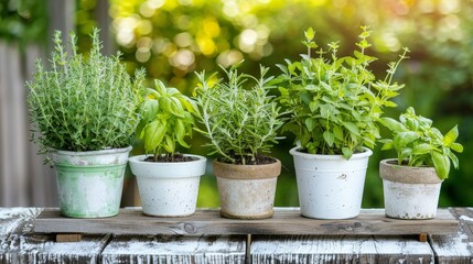 Canvas Print - A beautiful lineup of various potted plants arranged neatly on a wooden table, adding a touch of greenery and freshness to the space