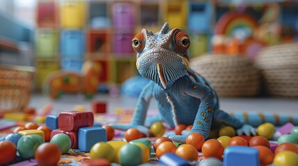 The chameleon camouflages among toys in a playroom, symbolizing adaptability and personalized care in child development and educational products.