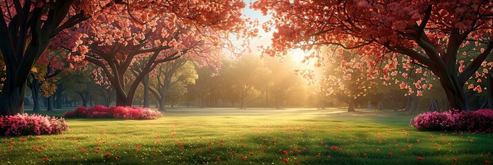 Poster - A lush park filled with an abundance of trees and colorful flowers, creating a vibrant and serene oasis in the midst of nature, banner
