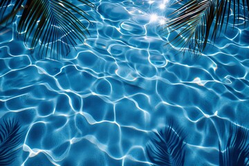 Poster - Serene pool reflecting the clear blue sky, surrounded by lush palm trees gently swaying in the breeze
