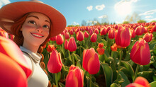 Young Woman In A Hat Takes A Selfie In The Tulip Field. Canadian Tulip Festival Or Netherlands Event. 3d