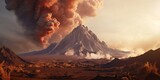 Fototapeta  - Catastrophic scene: volcanic eruption, explosions, smoke, fire, and lava.