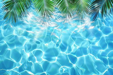 Poster - A serene pool gleams with azure water, encircled by lush palm trees swaying gently in the breeze