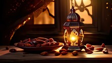 Luminous Elegance: Arabic Lantern Illuminating Wooden Table Surrounded By Plentiful Beauty